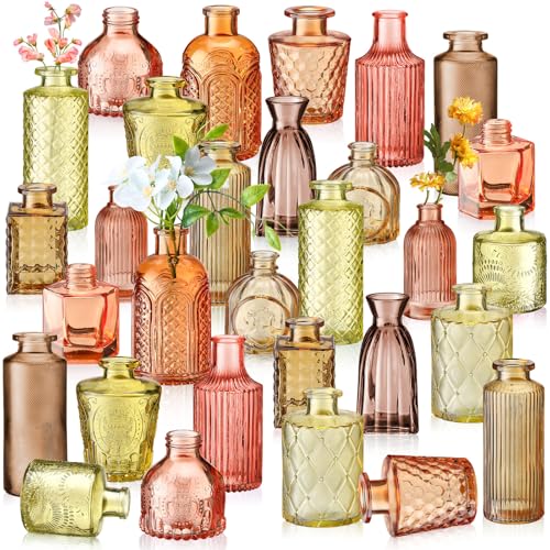 30 Pcs Vases Bulk Colored Flower Glass Vases Bud Vintage Colored Glass Bottles Colorful Rustic Embossed for Home Wedding Table Decorations Gifts(Orange Yellow Series)