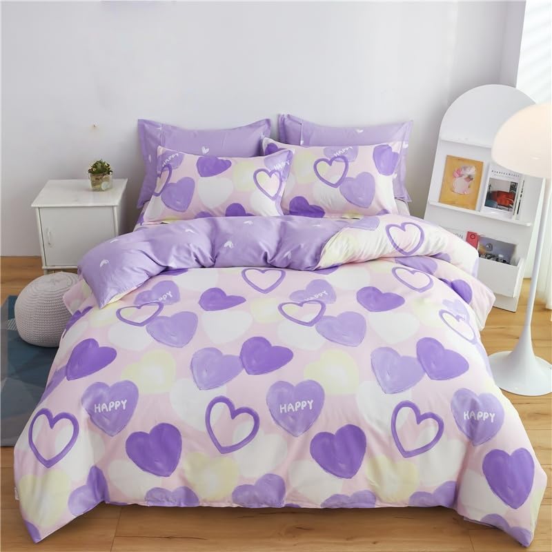 Housse de couette motif cœur violet 200x200 facile à laver sans repassage
