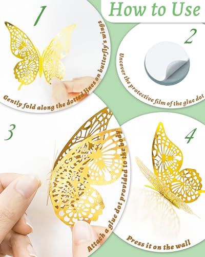 Image of 72Pcs 3D Butterfly Wall Decor, Gold Butterfly Fathers Day Decorations, 4 Styles 3 Sizes Removable Butterflies Room Decor Butterflies Wall Stickers for Birthday Party Tea Cake Flower Decorations