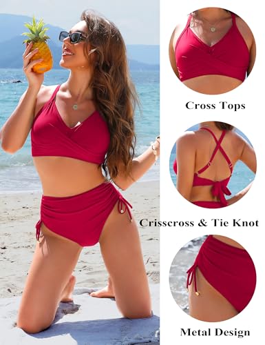 Image of Blooming Jelly Womens High Waisted Bikini Sets Drawstring Tummy Control Swimsuits Crisscross Tie Back Bathing Suit