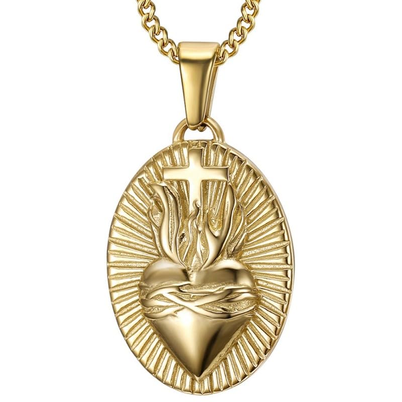 BOBIJOO Jewelry - Grand Pendentif du Sacré Coeur du Christ pour Homme 32x24mm Acier Inoxydable Or Chaîne 55cm