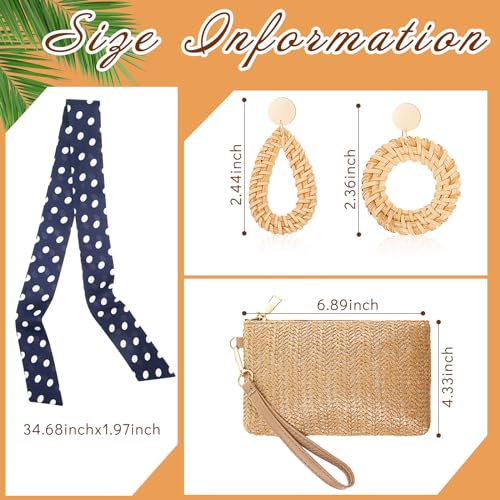 Abbylike Straw Bag for Women with Straw Clutch Purse 2 Pair Rattan Earring Boho Woven Zipper Handbag Beach Bag with Polka Dot Bowknot for Summer Travel Vacation3