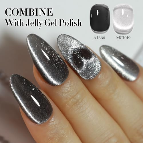 Double Rhythm 0.5 OZ Cat Eye Gel Polish with Magnet 15ML Holographic Glitter Shimmer Translucent Jelly Color Magnetic Polish Salon DIY at Home (Silver-MC1019) - Thumbnail 6