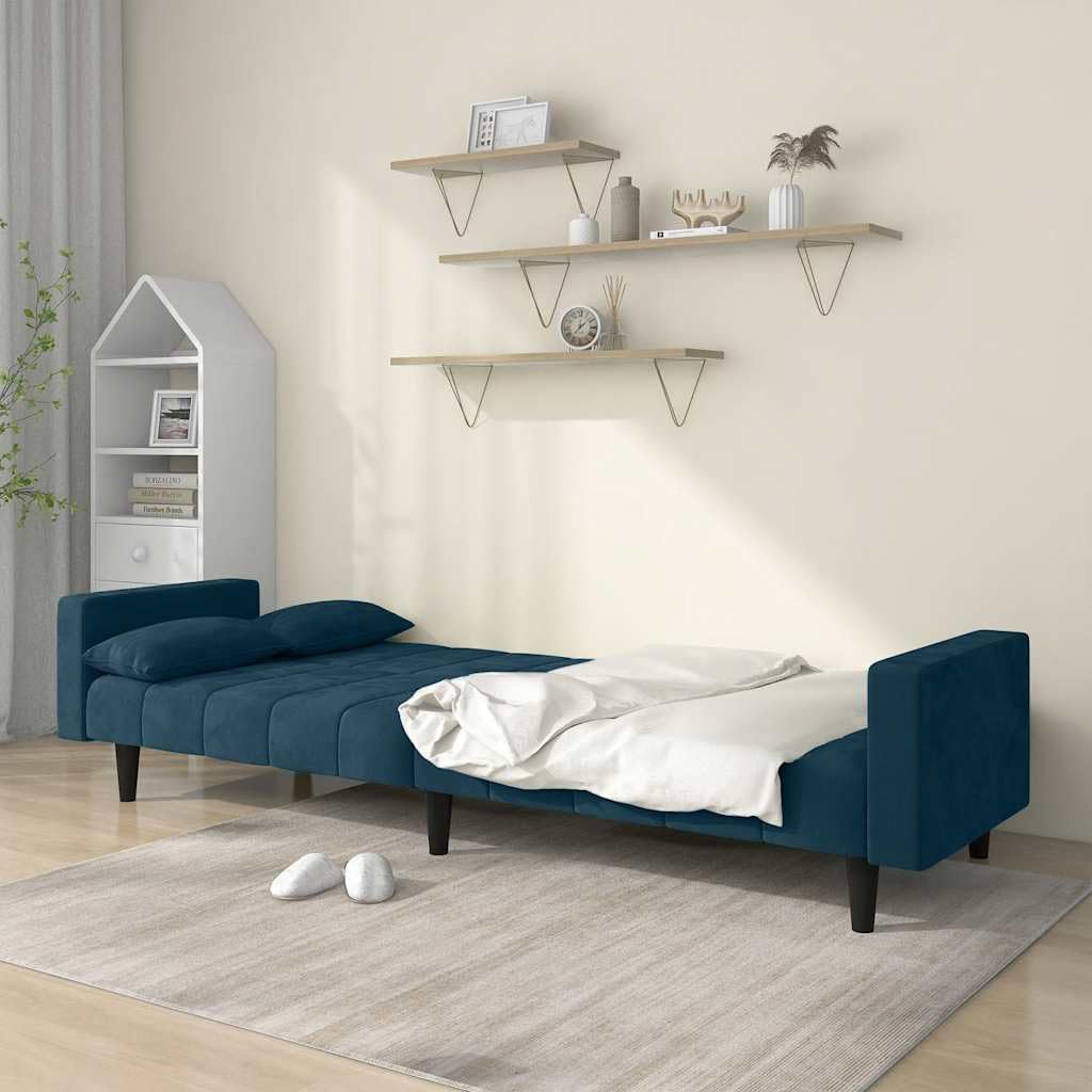 Sofá cama de 2 plazas terciopelo azul con 2 almohadas, sofá plegable con marco de madera para salón, habitación de invitados, oficina