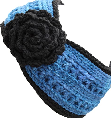 High Fashion Headband Ear Warmer, Earmuff | Night Blue & Black with flower