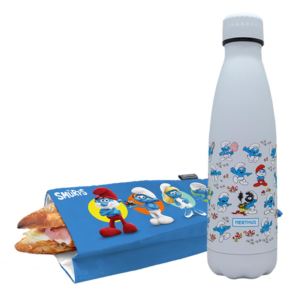 NERTHUS Avontuurset van de Smurfen: 500 ml dubbelwandige roestvrijstalen fles en sandwichzak – ideaal voor op reis en avontuur