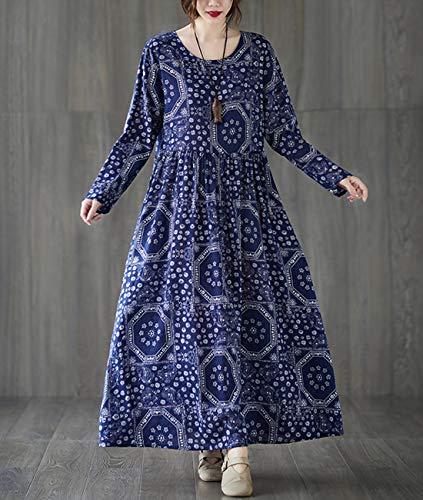 YESNO Women Long Maxi Swing Dress Casual Plus Size White Blue Printed Long Sleeve/Pocket M90