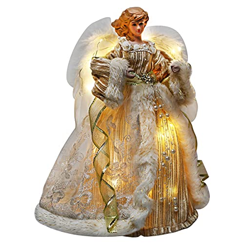 Christmas Tree Angel Topper Decroations Lighted Led Light and Remote Control Timer, 12 Inch Sequin Embroidery Angel Treetop for Holiday Ornament, Beige Gold