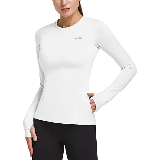 BALEAF Women's Thermal Shirts Long Sleeve Workout Tops Running Athletic Zipper Pocket Fleece Lined Cold Weather Gear Winter Thumbholes White M