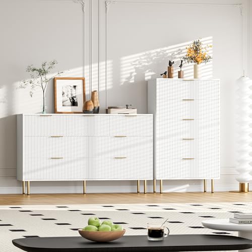 GarveeHome 5 Drawers Dresser for Bedroom, Fluted Dresser Chest of Drawers with Handle, Wood Modern Dressers for Closet, Bedroom Furniture Storage Organizer for Living Room, Hallway