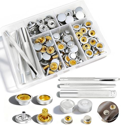 PIGORY 1/2' Snap Button Kit for Leather Crafting, 203Pcs Heavy Duty Leather Snaps and Fasteners Kit(50 Sets), Stainless Steel Canvas Snaps with Tools – Metal Fasteners for Boat Covers, Tents & Sewing