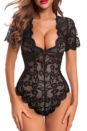 ADSEXY Damen-Dessous, Schnappverschluss, sexy, einteilig, Spitze, Teddy, Dessous, tiefer V-Mini-Bodysuit, Jakobsmuschel, Brautschmuck, Babydoll, Schwarz, Large Cover