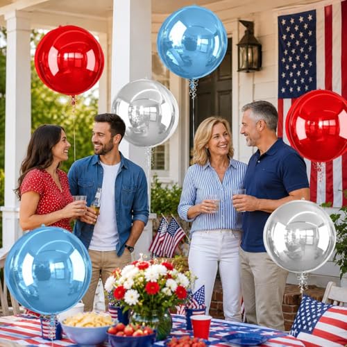 Image of Red Blue Silver Round Foil Balloons Birthday Prom Decor 22 Inch 6 Pcs | Metallic 4D Helium Ball Balloons for Graduation 4th of July, Independence Day USA Patriotic Party Decoration