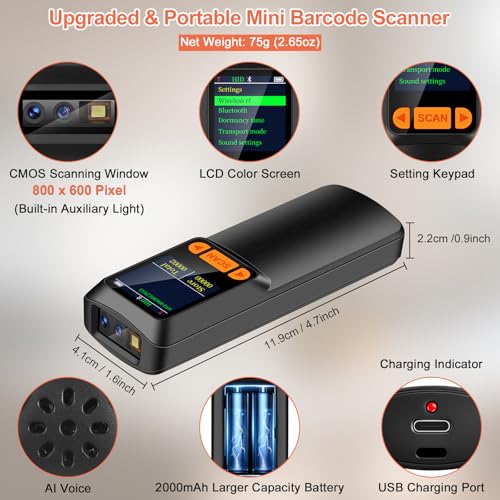 KUIIYER Mini Bluetooth Barcode Scanner, Wireless 2D QR 1D Bar Code Scanners with LCD Screen Display & Setting Keypad & AI Voice, Small Portable Handheld Barcode Reader for Smart Phone, Computers & POS - Image 4