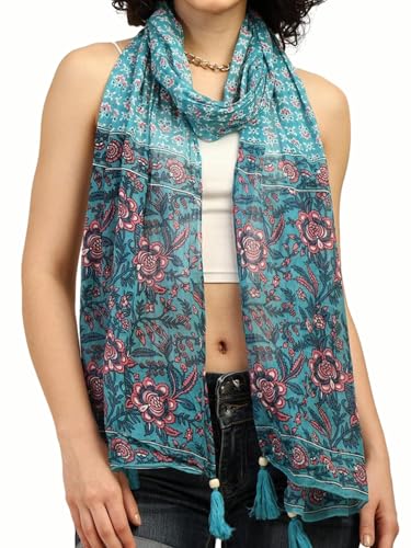 Image of KE KANHA EXPORTS Scarf for Women Premium Cotton Boho | Dual Tone Border Print Stole with Tassels | Lightweight Summer Beach Wrap 180 x 50 cm FREE Scrunchie Included