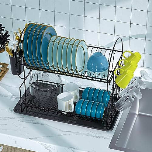 StarryTiger Escurreplatos Cocina 2 Pisos, Escurridor de Platos con Bandejas de Goteo y Soporte de Cubiertos, Escurridor de Platos para Fregadero, Escurreplatos Negro - 43 x 23 x 36.5cm