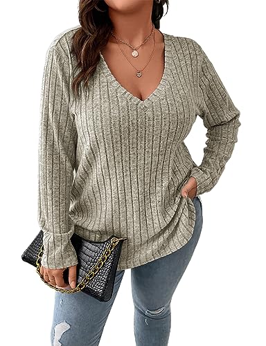 Image of Koscacy Women Plus Size Casual Knit Sweater V Neck Solid Color Tops Lightweight Long Sleeve Blouses