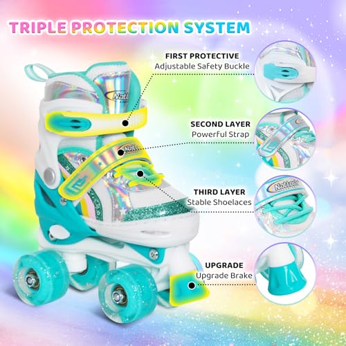 Image of Girls Rainbow Unicorn Roller Skates for Big Kids ages6-12 7 8 9 10, 4 Size Adjustable Quad Skates with All Light Up Wheels - Best Birthday Gift for Outdoor Sports - Teal