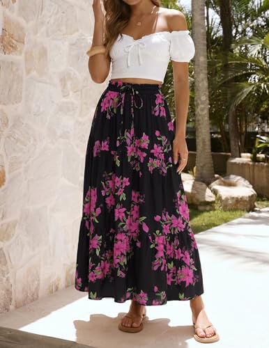 Image of ZESICA Women's 2026 Summer Bohemian Floral Printed Elastic Waist A Line Maxi Skirt with Pockets