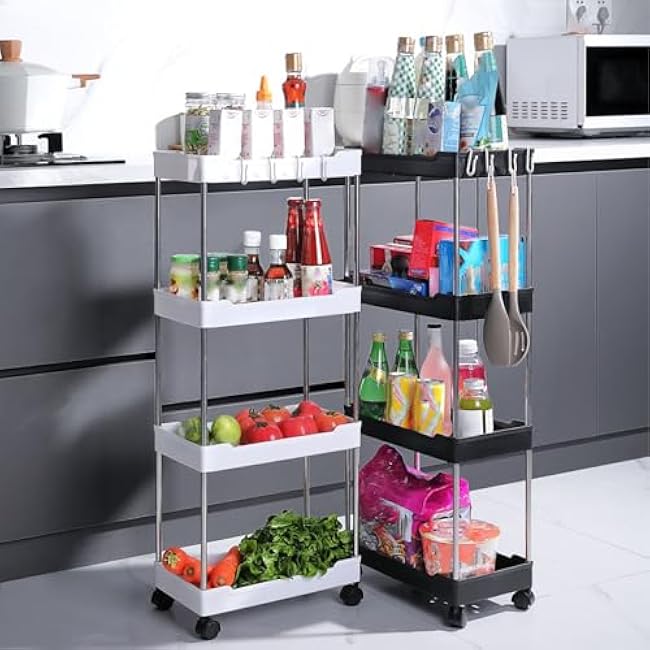 Widened Rolling Cart 4 Tier with Wheels, Plastic Storage Trolley for Bathroom, Kitchen, Toilet, Living Room, and Bedroom, Stainless Steel Frame, Easy to Assemble (White)-DCuhYWcY