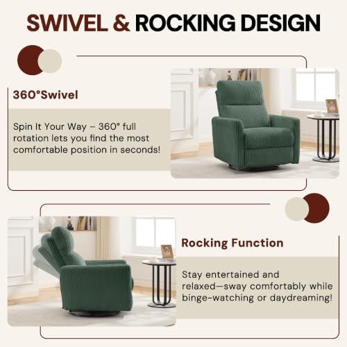 Image of Korser 360 Swivel Glider Rocker Manual Recliner, High Back Corduroy Recliner with Curved Armrests, Green Nursery Rocking Reclining Chair for Living Room Bedroom Adults