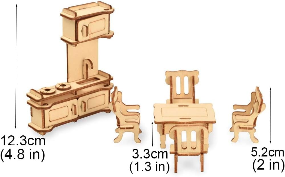 BOHS 34-Piece Dollhouse Furniture Set -1/24 Scale, Laser Cut Wooden 3D Puzzles - Miniature Doll House DIY Models and Accessories