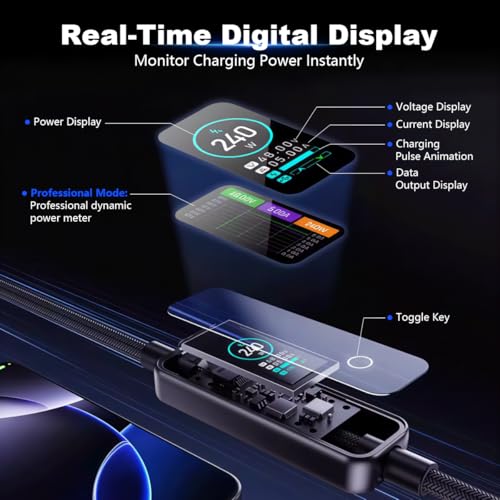 Image of Verilux PD 240W Type C Cable Fast Charging with TFT Color Screen, 480Mbps Data Cable C Type Fast Charging with Nylon Braided, Compatible for iPhone 17 /16 /15, Galaxy S26 /S25, MacBook, 1.2M