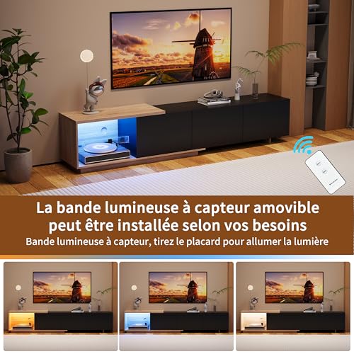 Mueble de TV modular con iluminación LED, mueble para TV extensible con 3 cajones, armario para TV con espacio abierto, juego de mueble de TV moderno que se puede abrir y cerrar (Negro-1, 240x38x44 cm - imagen 3