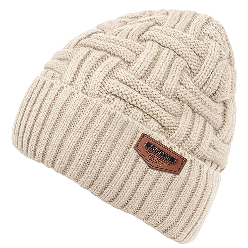 Loritta Winter Hat Warm Knitted Thick Baggy Slouchy Beanie Skull Cap for Men, Beige With Weave, 1 Pack