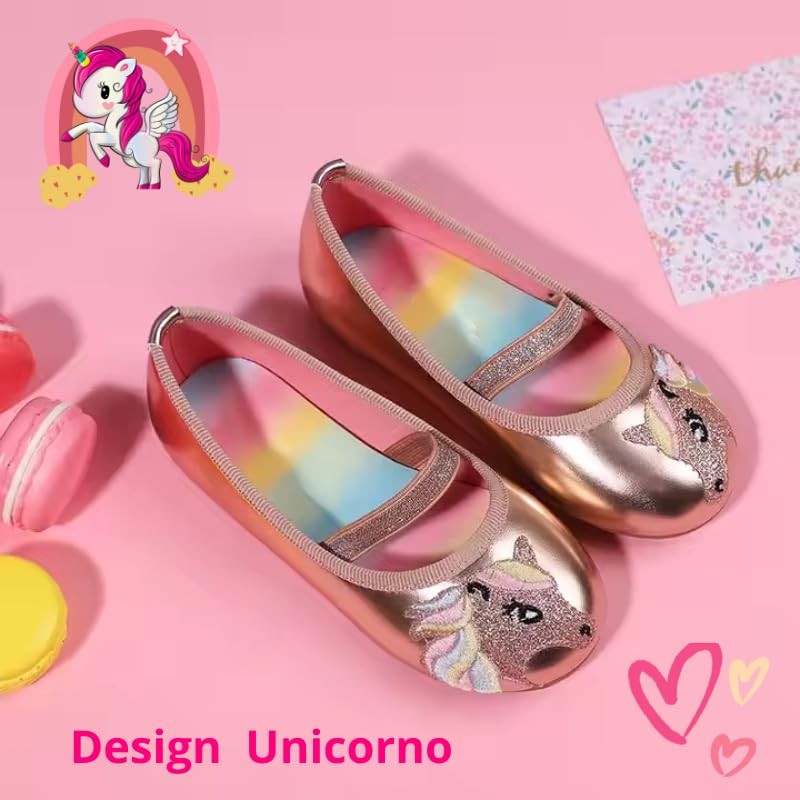 Ballerines pour Fille avec Licorne, Chaussures Basses Décontracté, Couleurs Métallisées, Semelle Arc-en-ciel Antidérapant