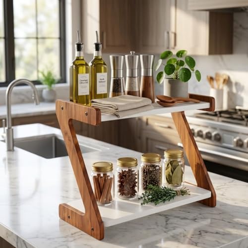 Image of Kitchen Organizer Rack - Multi-Purpose Kitchen Stand for Countertop & Cabinet Storage | Heavy-Duty Kitchen Rack Organizer for Spices, Utensils, Dishes & Pantry Items (2 Tier Z shape Rack)