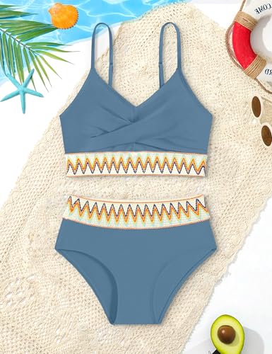 Image of BAVADER Teen Swimsuits for Girls 12-14 Bright Colors Bathing Suits Woven Welt High Waisted Bathing Suits for Teens 12-14 Girls Bikini 2 Pieces Swimsuit with Removable Bra Grey Blue