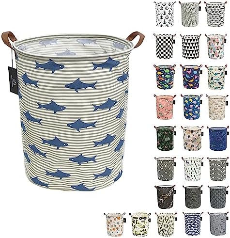 laundry baskets,bedroom hamper,kitchen organization,GodenMoninG 62.8L Waterproof Round Cotton Linen Collapsible storage basket. (Grey Striped Shark)