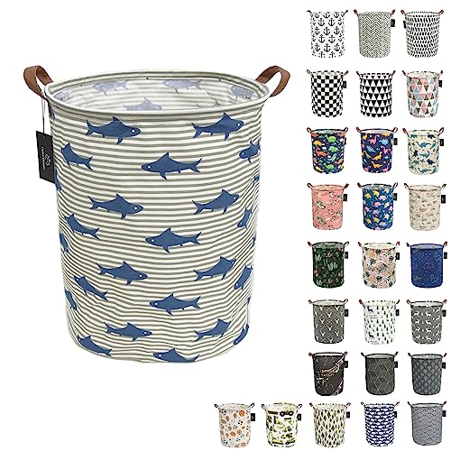 Image of GodenMoninG laundry baskets,bedroom hamper,kitchen organization,Waterproof Round Cotton Linen Collapsible storage basket. (Grey Striped Shark)