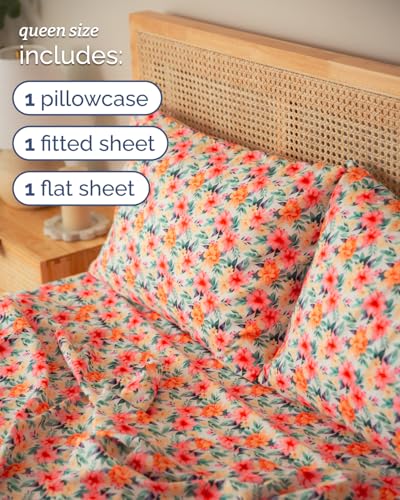 Image of Queen 4 Piece Floral Sheet Set - Breathable & Cooling - Sunset Hibiscus | 1 Flat, 1 Fitted & 2 Pillowcases w / Deep Pockets, Boho Botanical Floral Bedding, Breathable & Cooling, Wrinkle & Fade Free