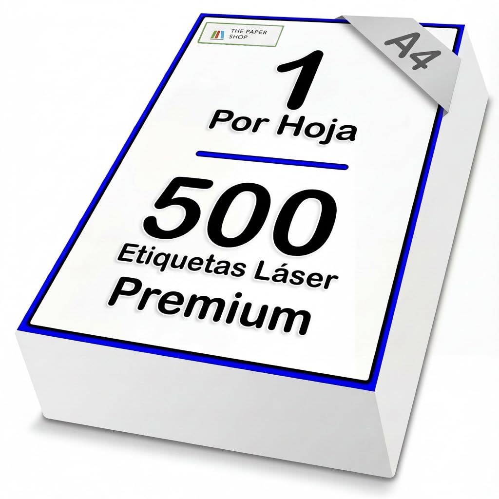 The Paper Shop Etiquetas A4, 1 por hoja, papel adhesivo de hoja completa (500 hojas), etiquetas adhesivas a granel para láser y inyección de tinta, papel de etiqueta A4 completo para etiquetas de