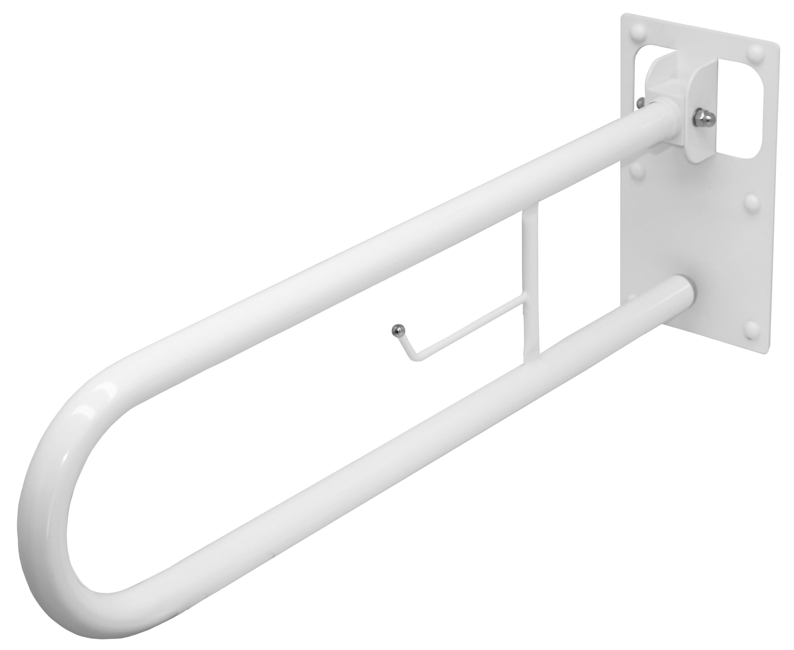 Barra Abatible de Acero Con Portarrollos Incorporado, Barra Baño Minusválido, Barra WC Seguridad, Giratoria y de Plegado Compacto a Pared, Blanco Mate, 73 cm