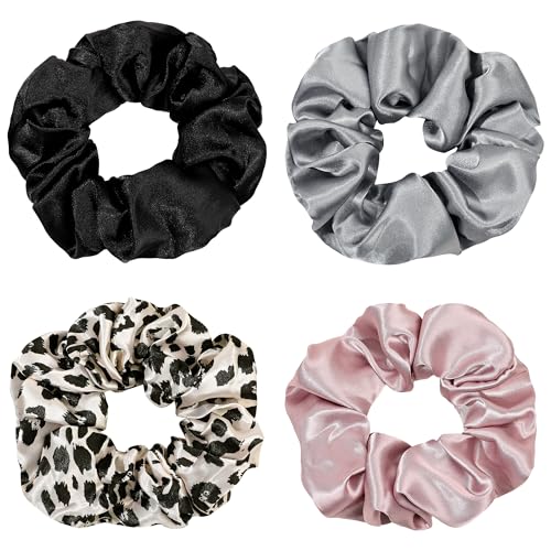 Image of Silk Hair Ties for Girls and Women: Chic Satin Scrunchies, Large and Cheetah Print, Soft Ponytail Holders for Thick and Curly Hair - No Creases, Gentle on Hair