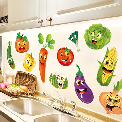 Cartoon Kitchen Vegetable Wall Stickers DIY Green Vegetables Onion Pumpkin Fruit Wall Decals Art Refrigerator Door Stickers for Kitchen Window Restaurant Fridge Dining Room Decor