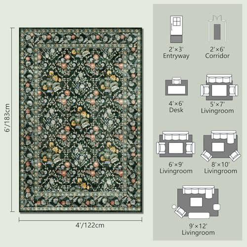 Image of Vintage Botanical Dark Green Area Rug 4x6 Elegant Floral Pattern, Durable Stain-Resistant Fabric, Perfect for Living Room, Bedroom, Dining Room Decor