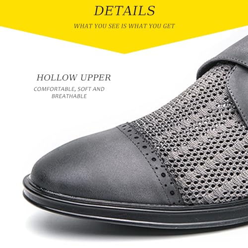 Men's Summer Buckle Dress Shoes Retro Pointed Leather Chunky Heel One-Step Driving Business Oxford Shoes Breathable Mesh Work Casual Sandals3