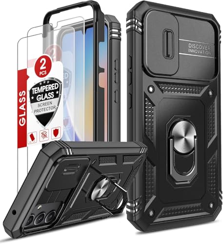 LeYi Coque pour Samsung A34 5G/A 34 Antichoc: 2 Verre Trempé+ Anneau Support,Protection de la Caméra PC Dur Anti-Chut Renforcée Armor Heavy Duty Bumper Housse Etui Coque Galaxy A34-Noir