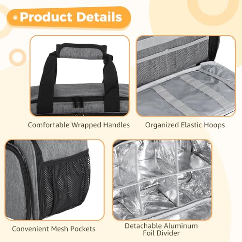 Image of Acrylic Paint Organizer Bag, Large Capacity Bag for 54 Bottles 2 oz Acrylic Paint,Extra Pocket for Paint Brushes, Palette Board, Aluminum Foil Liner for Easy Cleaning, Grey