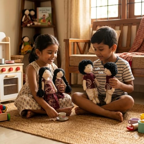 Image of Maroon Traditional Family Handcrafted Indian Rag Doll Set, Soft Cotton Fabric & Yarn Hair South Indian Cloth Dolls, Handmade Fabric Dolls for Kids, Decor & Gift (Set of 4)