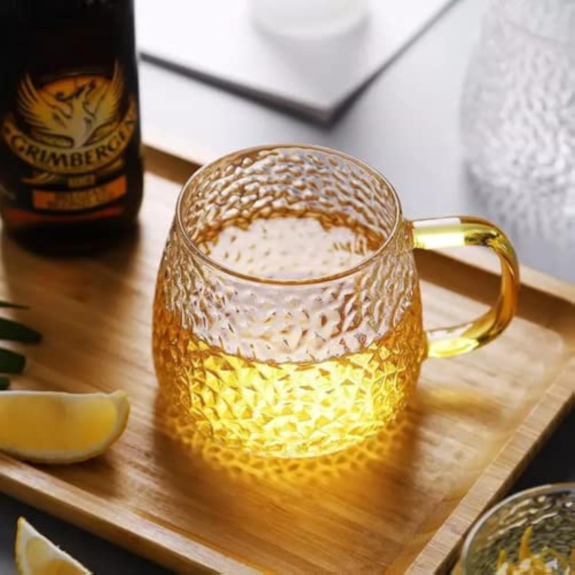Tea and Coffee Glass Mug with Golden Handle, Elegant Design