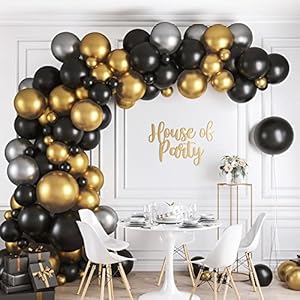 HOUSE OF PARTY Black and Gold Balloons Garland Kit 158 Pcs – 18/12/10/5 Inch Metallic Silver, Gold and Black Balloons…