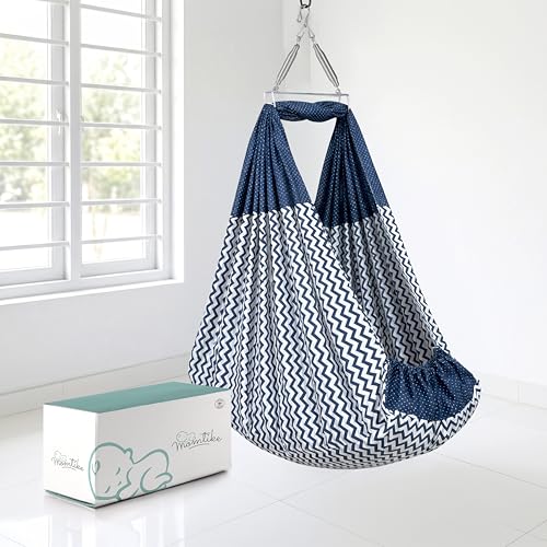 Image of Baby Cradle̞ | Cotton Cloth, Hanger Spring, Mosquito Net & Pad with Insert Pocket, Jhoola, Thottil | PRM-Navy Stripe