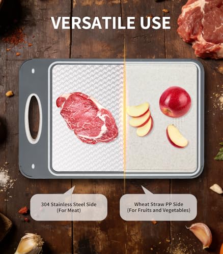 Cozary Doppelseitiges Schneidebrett, Edelstahl-Schneidebrett für die Küche, lebensmittelechter 304-Edelstahl und Weizenstroh, Cutting Board für Fleisch, Brot, Gemüse & Obst(35x24cm)
