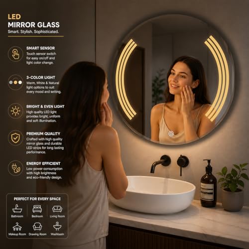 Image of LED Smart Bathroom Mirror with Touch Sensor | 3-in-1 Light Modes - Warm White | Cool White & Natural Light | Office and Home Use (Round, 24x24)