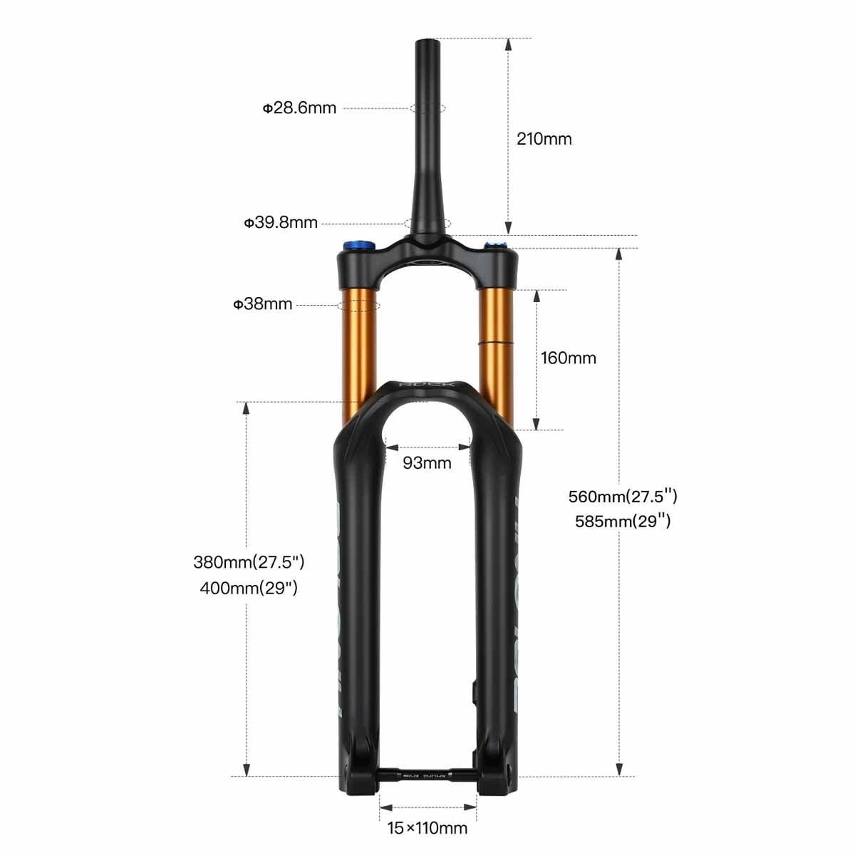 Widelec amortyzowany do rowerów górskich 27,5/29 cala, pneumatyczny skok 120 PSI, stożkowy hamulec tarczowy 160 mm (1-1/2"), przednia oś przelotowa, regulacja amortyzacji 15 x 110 mm